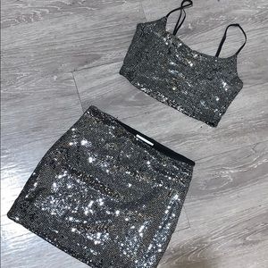 2 piece sequence mini skirt crop top set
